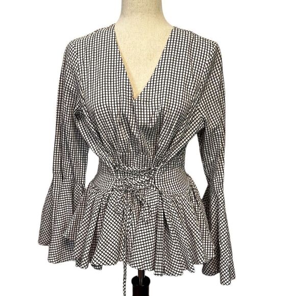 Anthropologie free generation black-and-white blouse- angel sleeves/laced waist - Picture 2 of 7